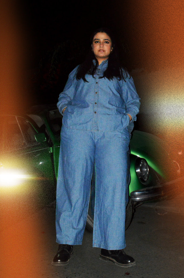Co ord with Full Sleeves in Mid Wash Denim Blue